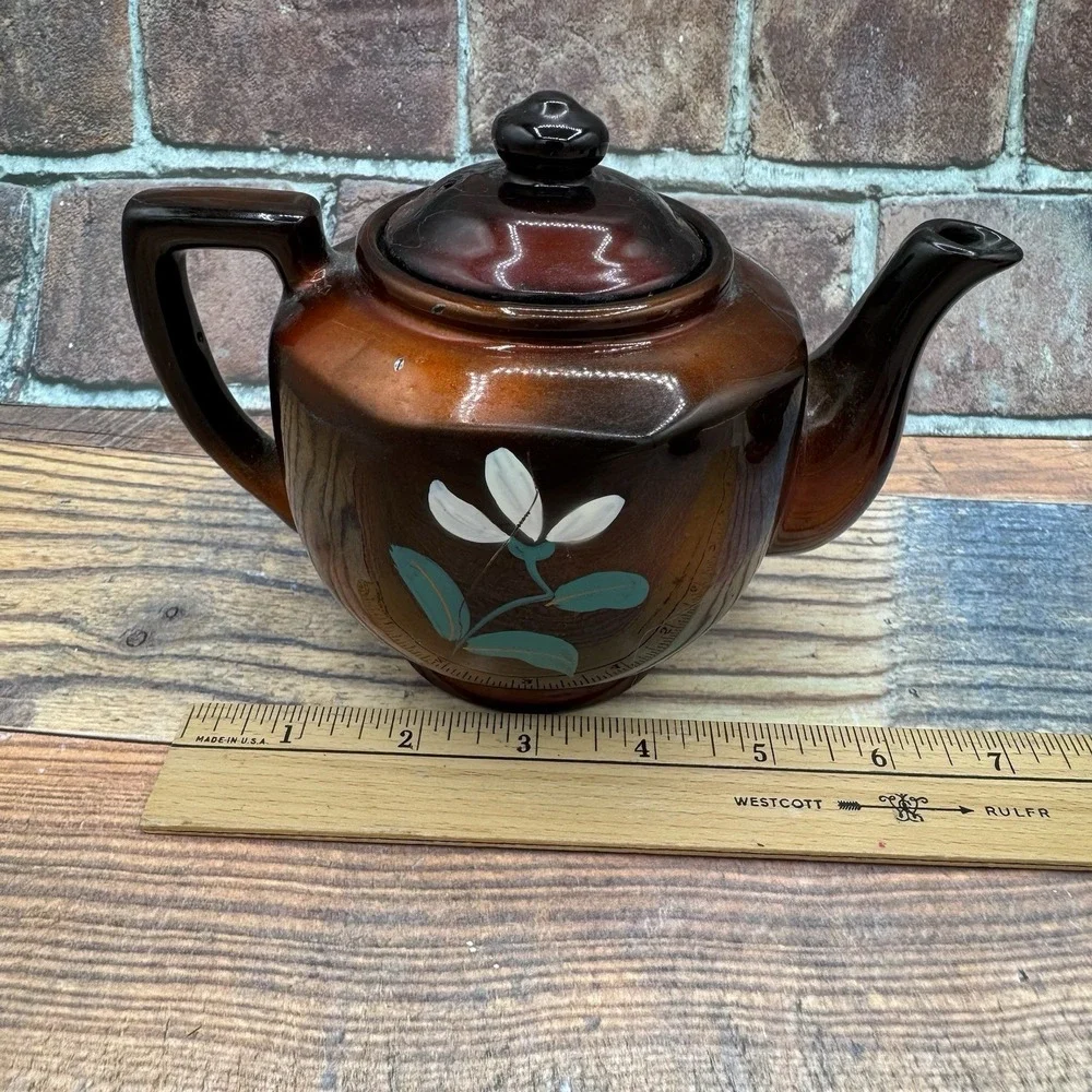 Vintage Japanese Moriage Redware Tea Set Floral‎ 1940s Pottery Pot Creamer Sugar